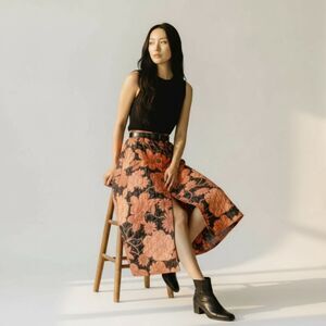 Vintage 1960s Pink & Black Floral Quilted Skirt with Patent Leather Belt - Med